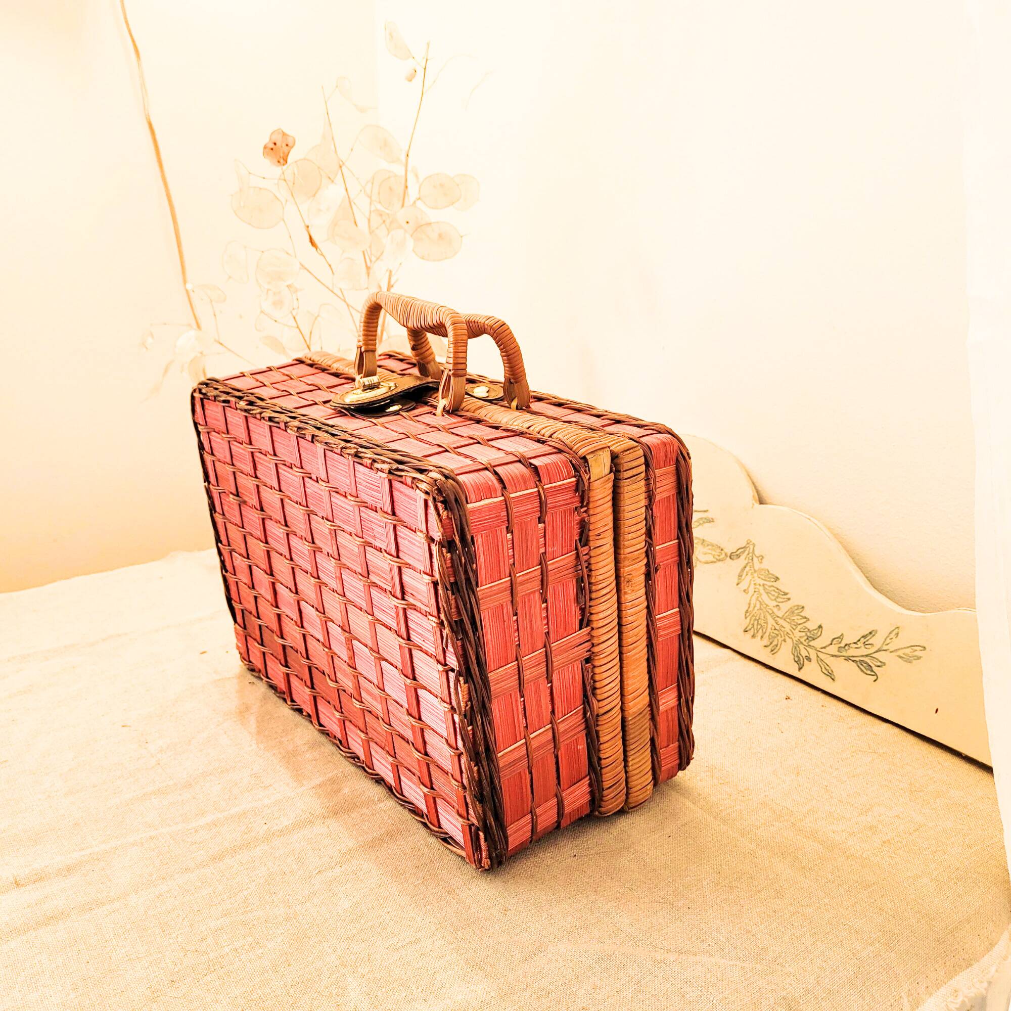 Vintage red woven wicker briefcase with leather buckle - rattan