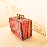 Vintage red woven wicker briefcase with leather buckle - rattan