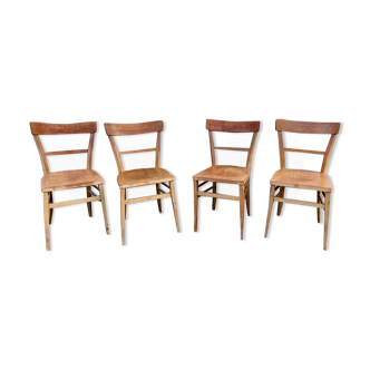 Series of 4 chairs in vintage light wood beech