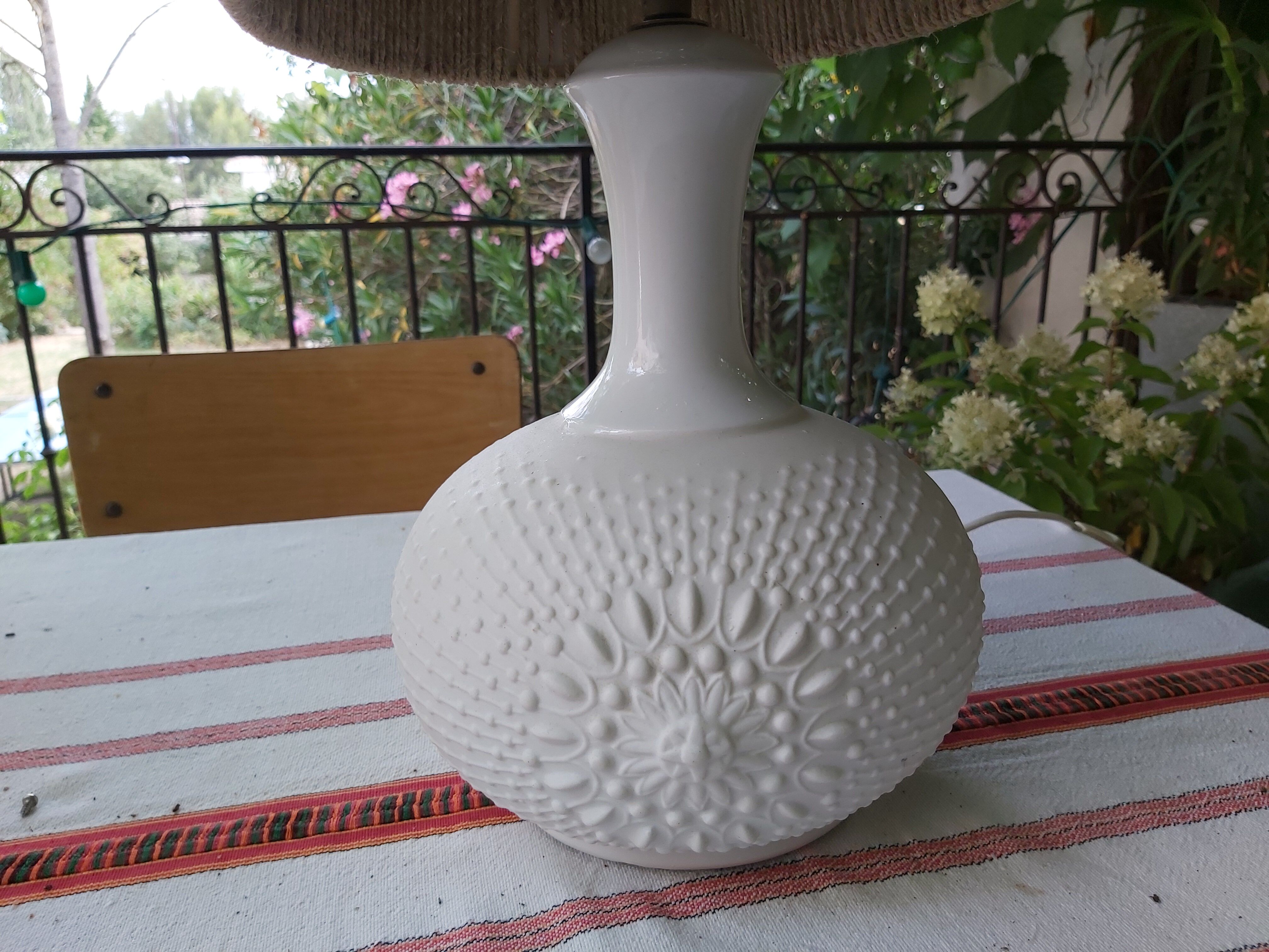 Vintage frosted glass lamp and rope lampshade