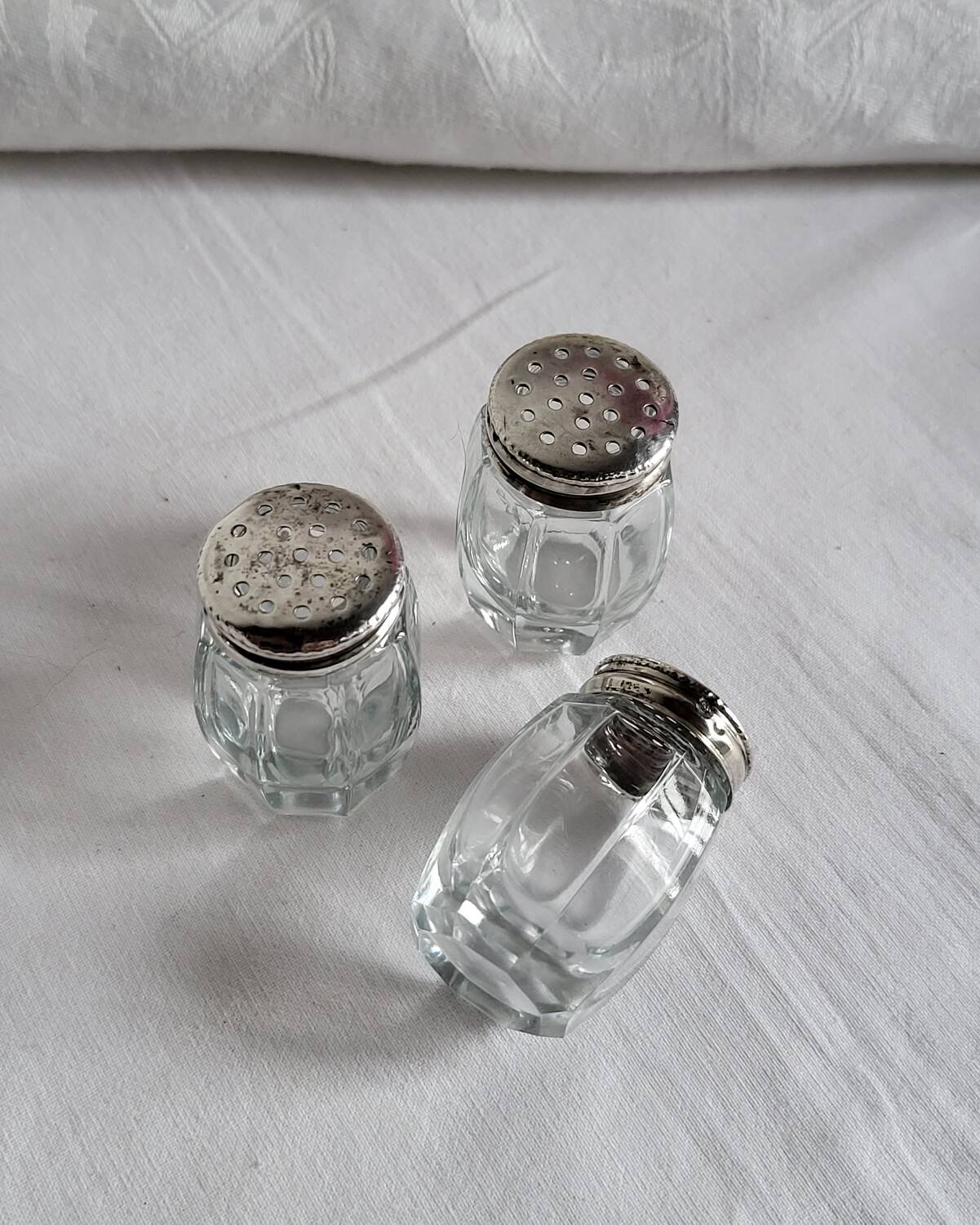 3 Antique Salt Cellars Silver Cork Crab Mark
