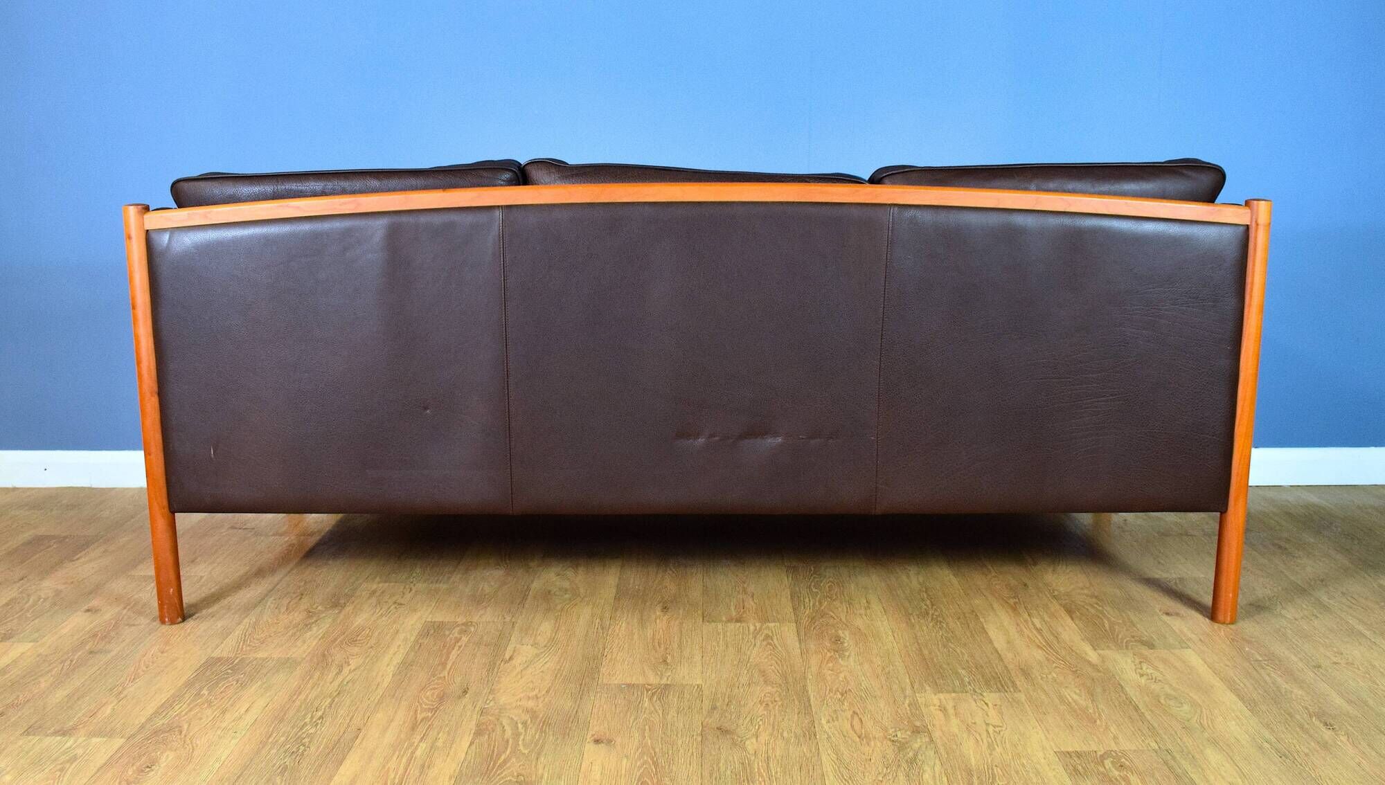 Stouby brown leather & cherry wood 3 seat sofa 1970s