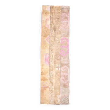 2x9 Turkish Pink & Brown Hallway Vintage Runner Rug, 77x270Cm