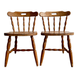 Pair of country farmhouse style wooden dining chairs