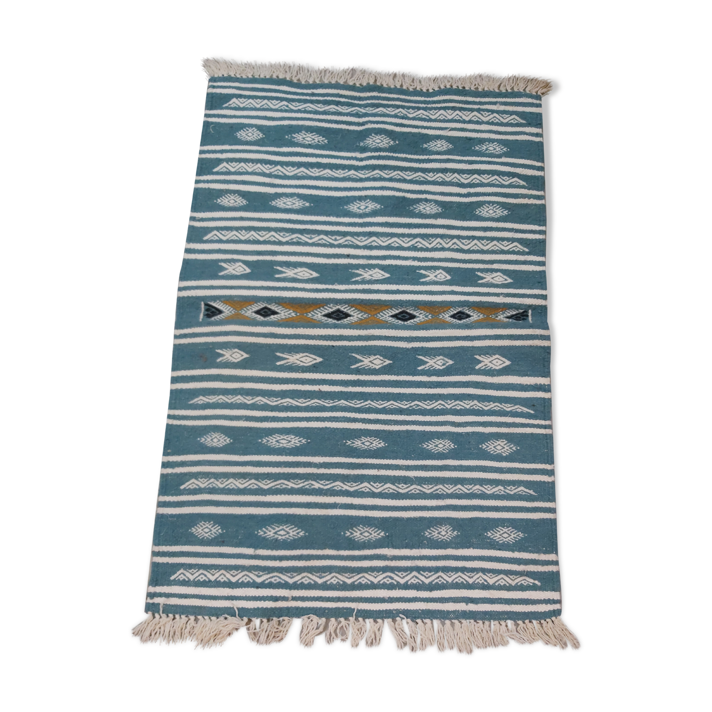 Handmade blue and white Berber carpet in pure wool