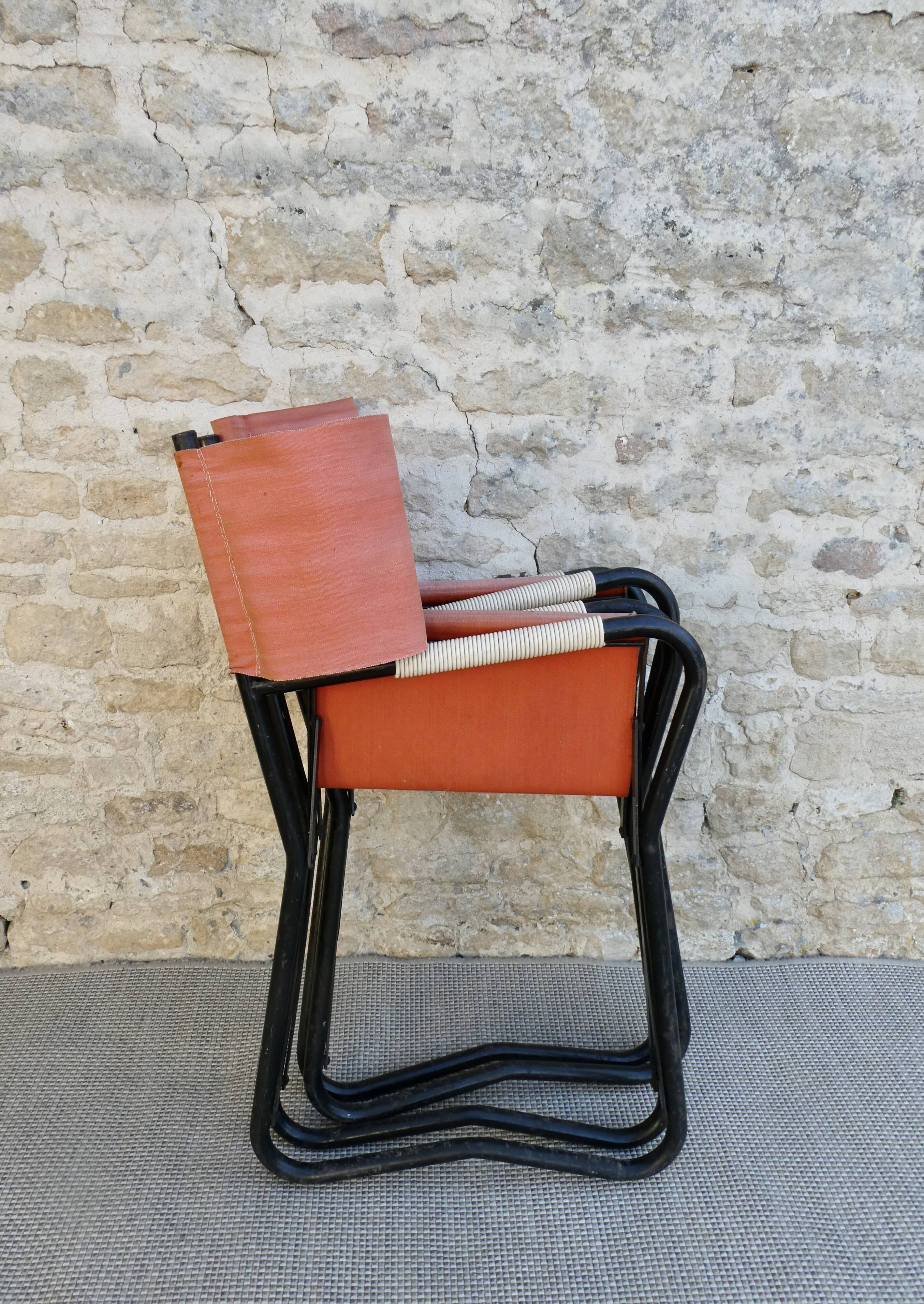 Pair of folding armchairs in metal and fabric 60s