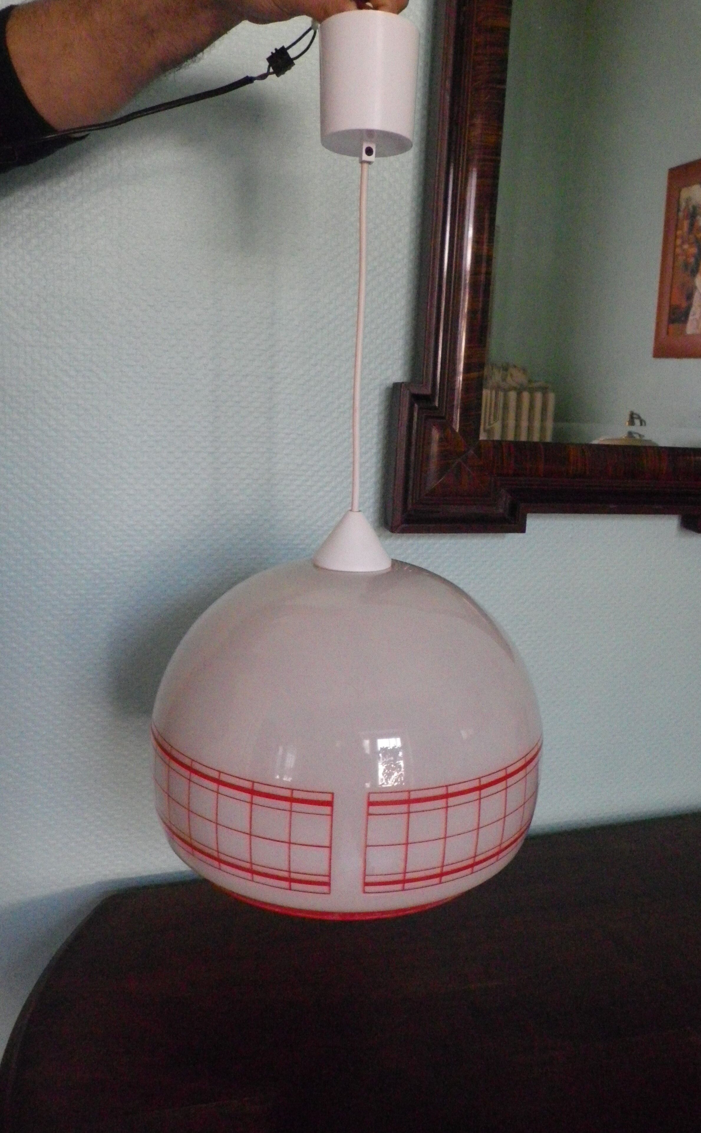 Space age pendant lamp, white opaline with orange silkscreened geometric designs