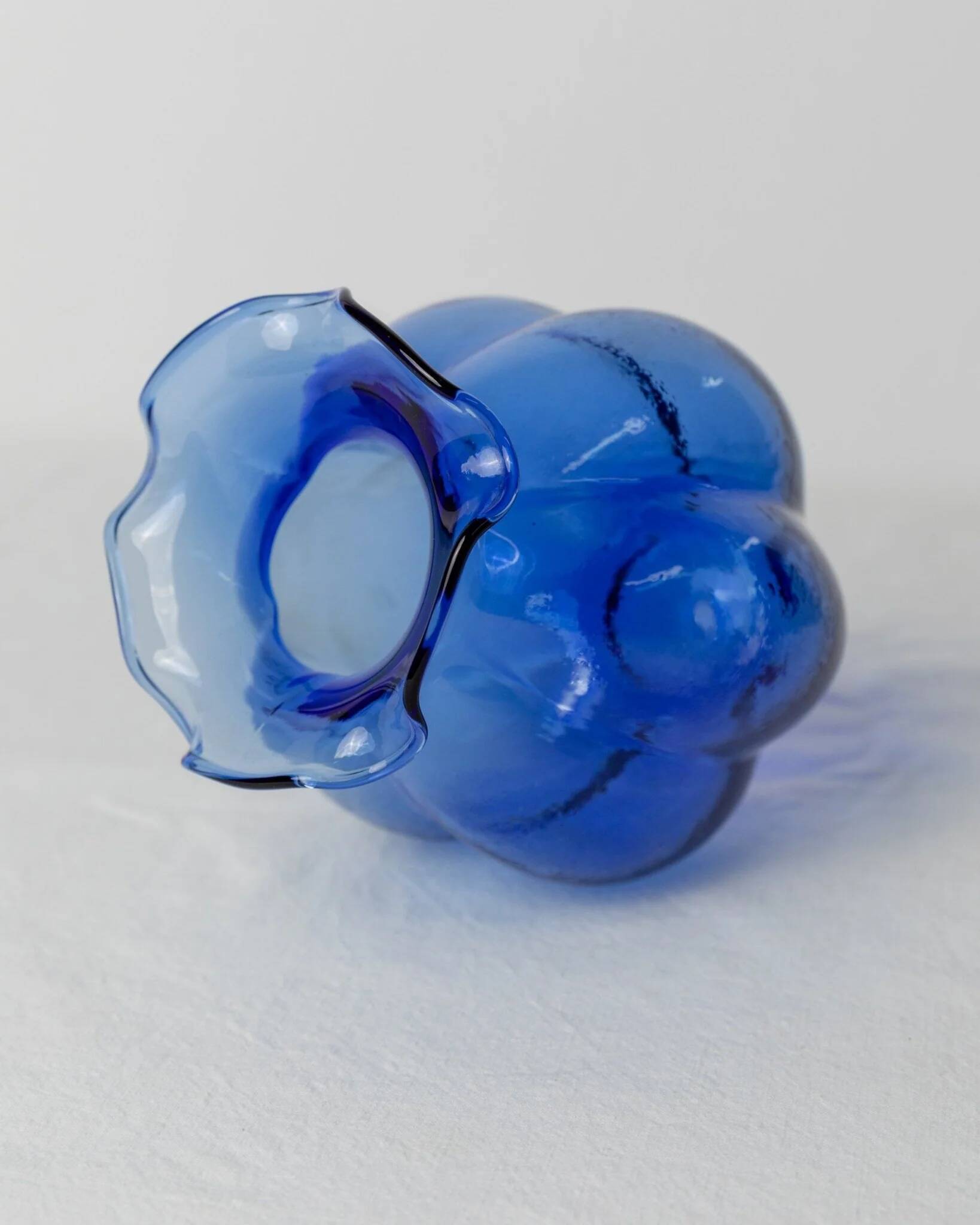 Cobalt Blue Hazel Atlas Glass Vase, 1930s Bulbous Form with Ruffled Lip and Embossed Underside