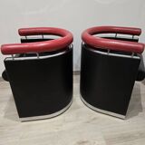 Pair of 80s designer leather and chrome metal armchairs
