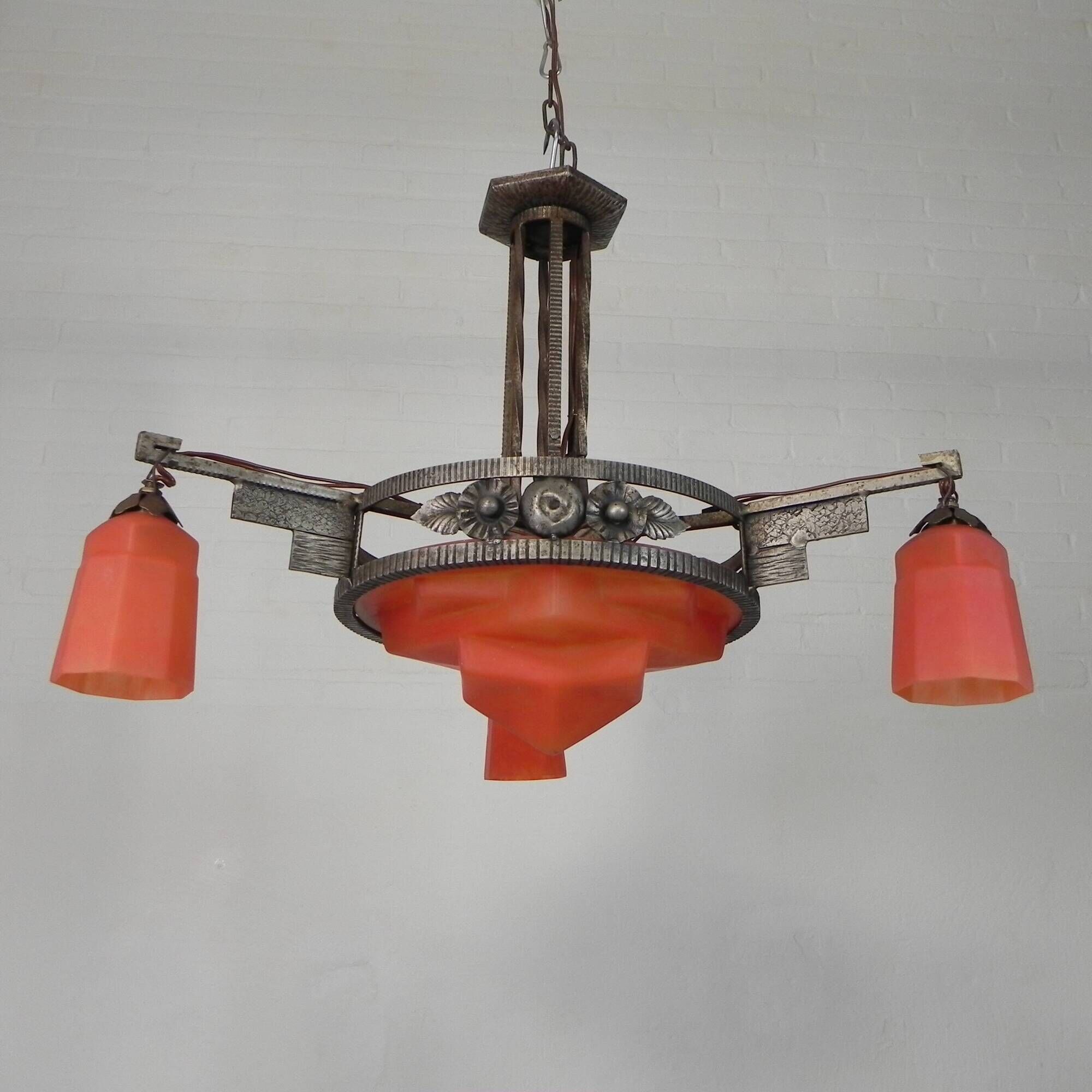 Art Deco pendant lamp with glass bowl and 3 chalices, 1930s