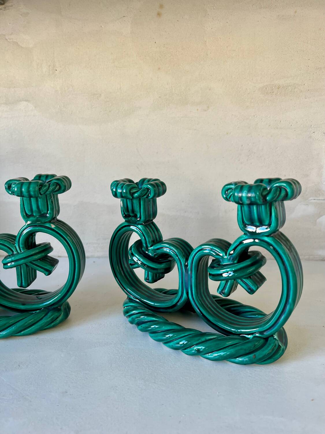 Pair of Vallauris candlesticks in woven ceramic