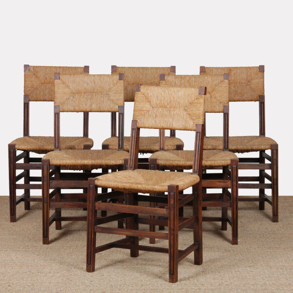 Set of 6 oak rush chairs, French work, 1950.