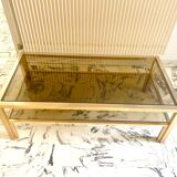 Vintage coffee table in gold-plated metal, brass-style, smoked glass, circa 1970