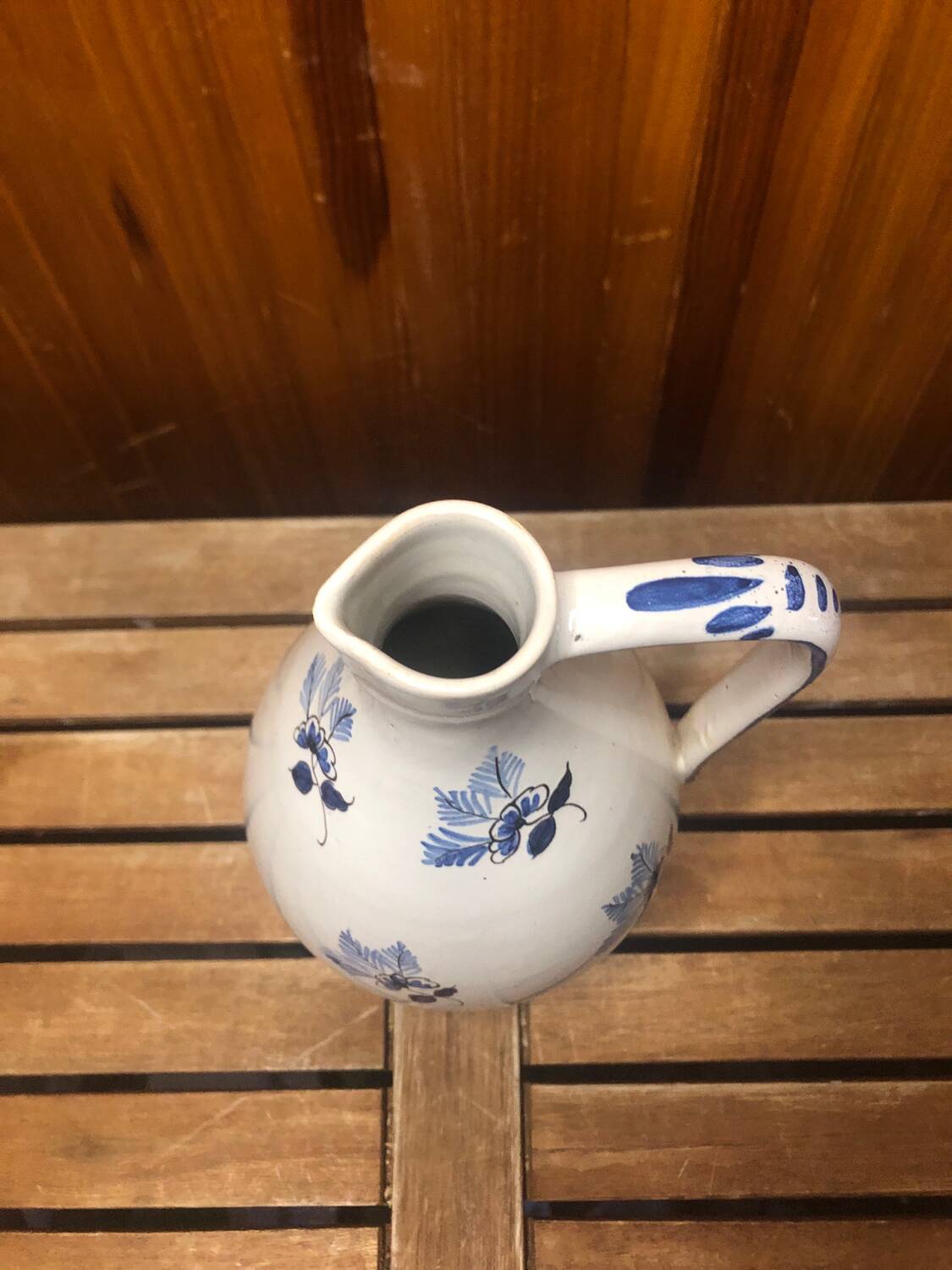 Old white ceramic pitcher vintage painted blue decor #a425