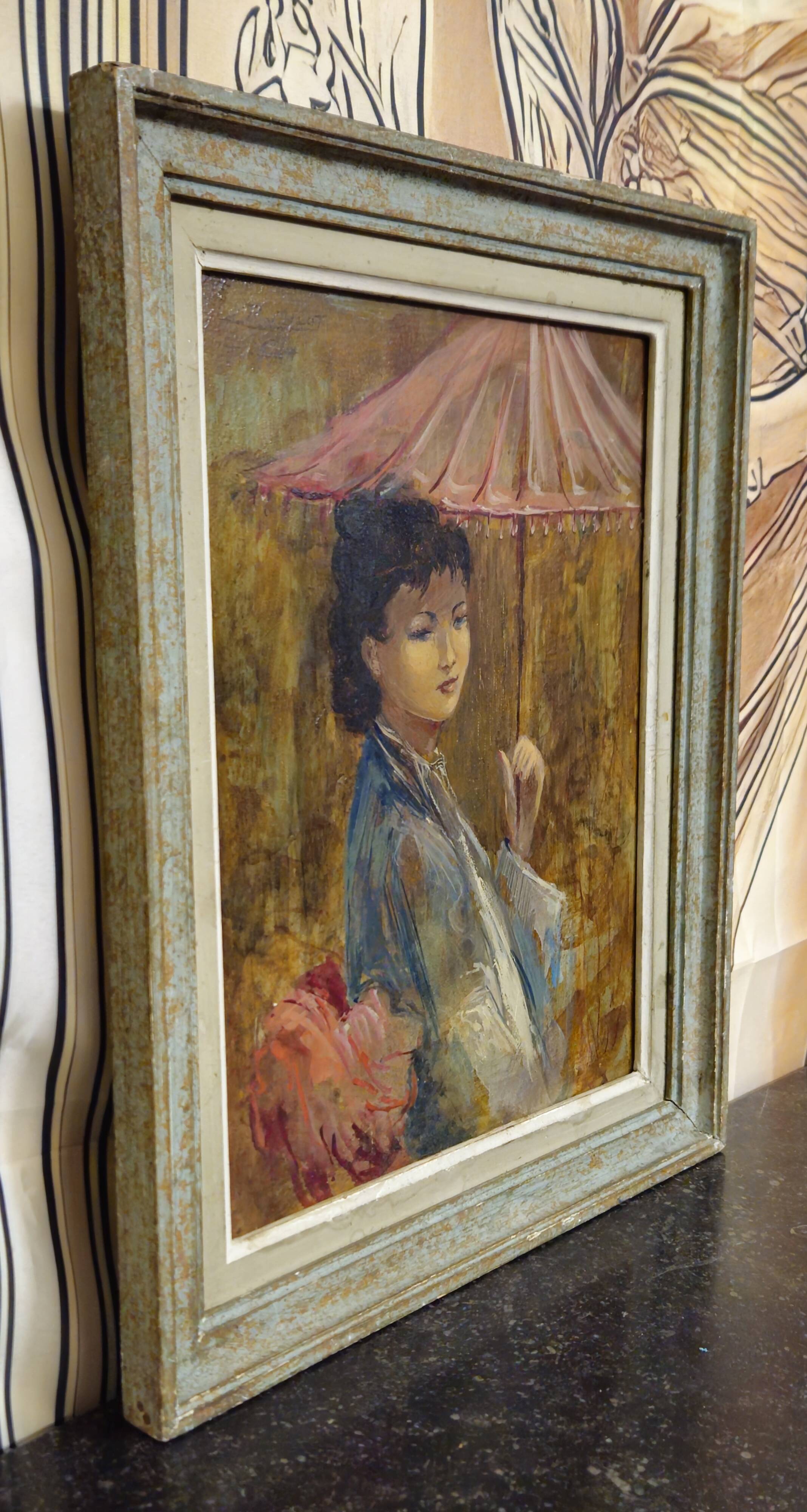 R. Milot – Young Woman with a Parasol – Oil on Panel – Art Deco Period
