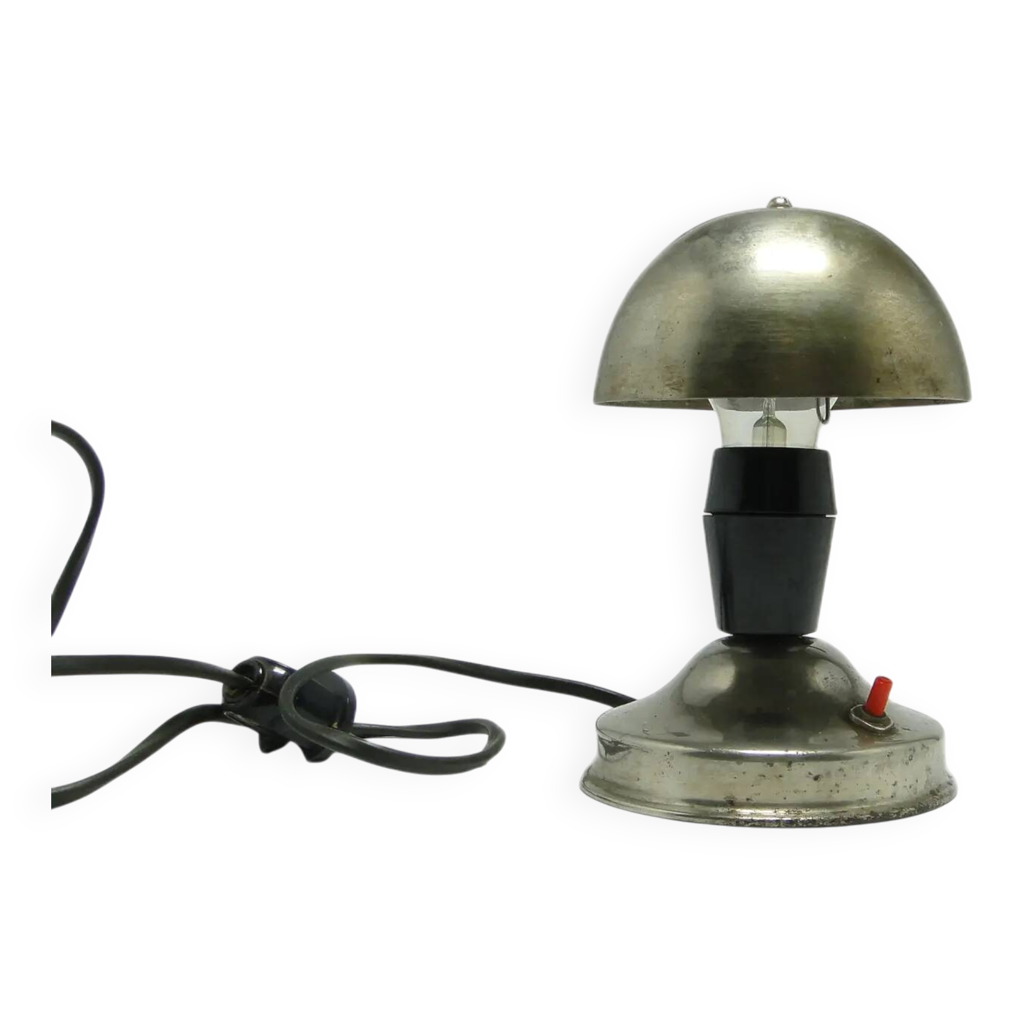 Mushroom table lamp, silver metal, black bakelite, Poland, 1950s