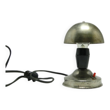 Lampe de table champignon, métal argenté, bakélite noire, Pologne, années 1950