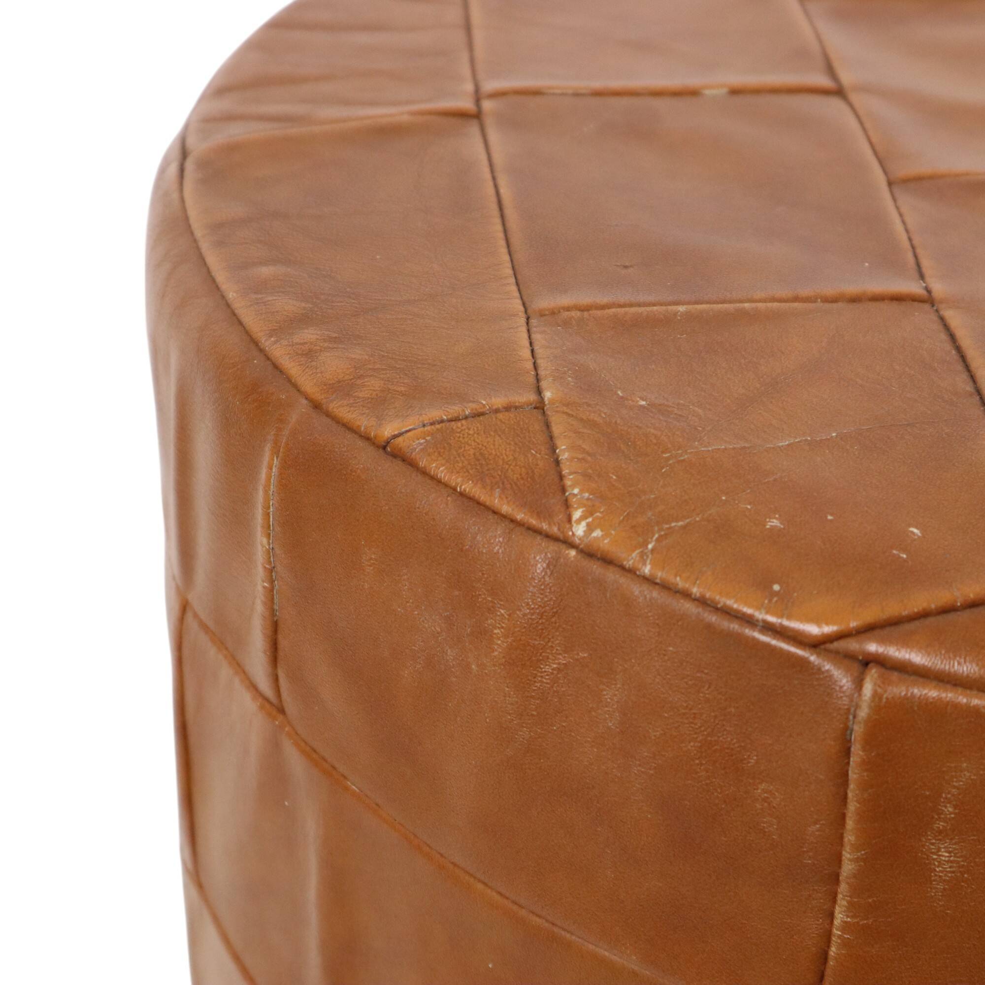 Vintage Round Brown Pouf Patchwork Patches Faux Leather 45cm
