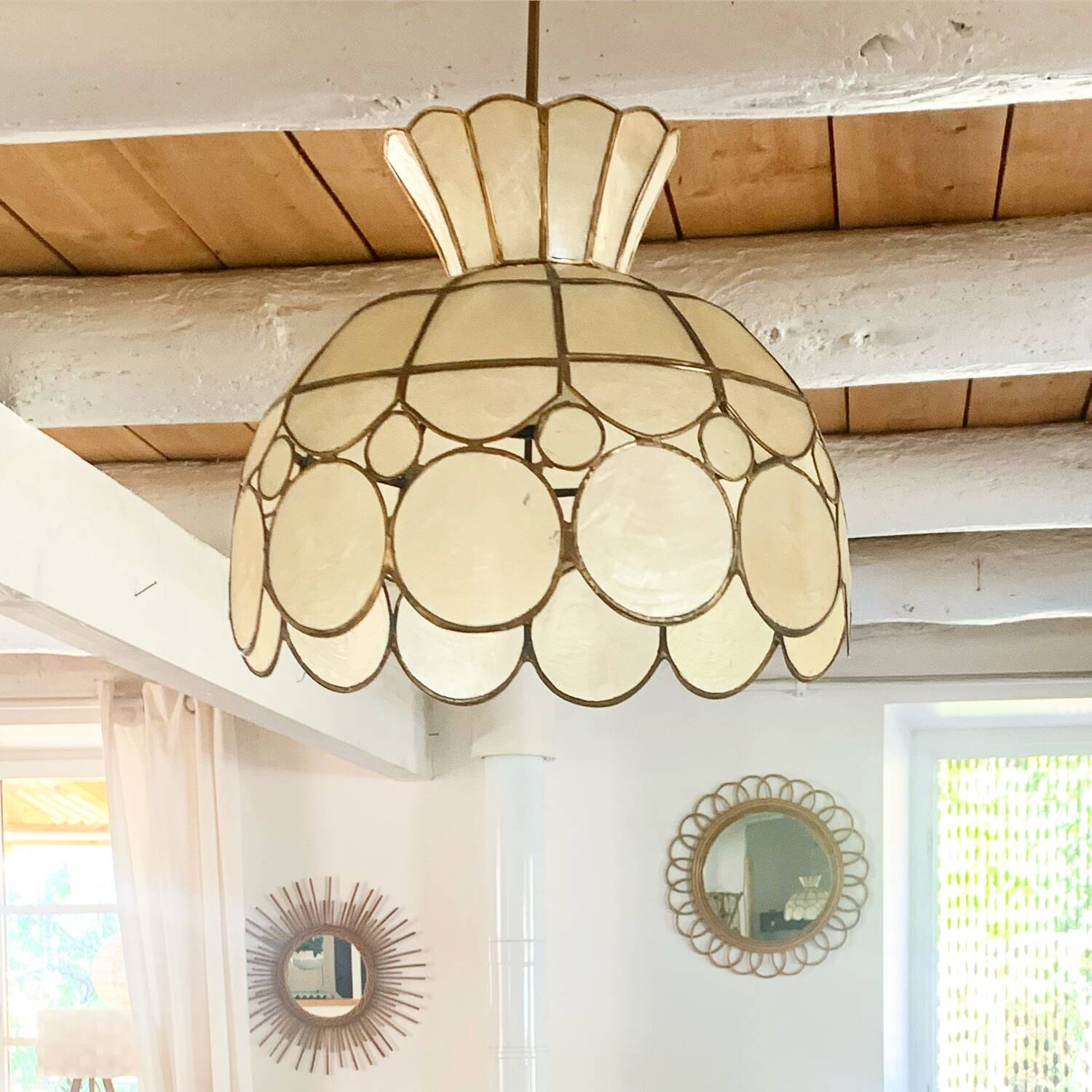 Mother-of-pearl and brass pendant lamp from the 1960s