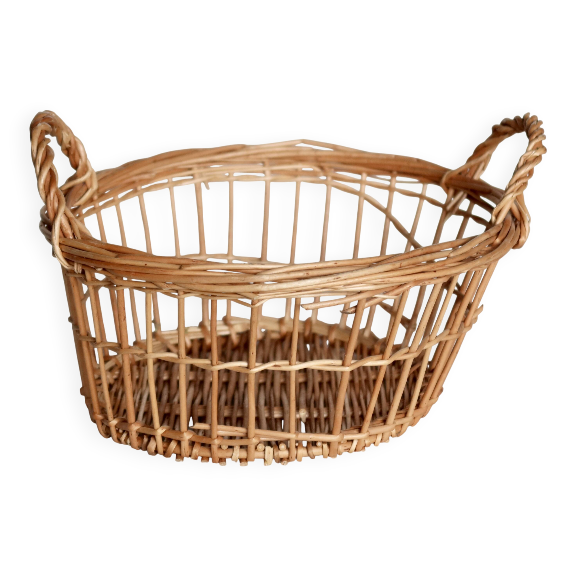 Round openwork wicker storage basket with braided handles