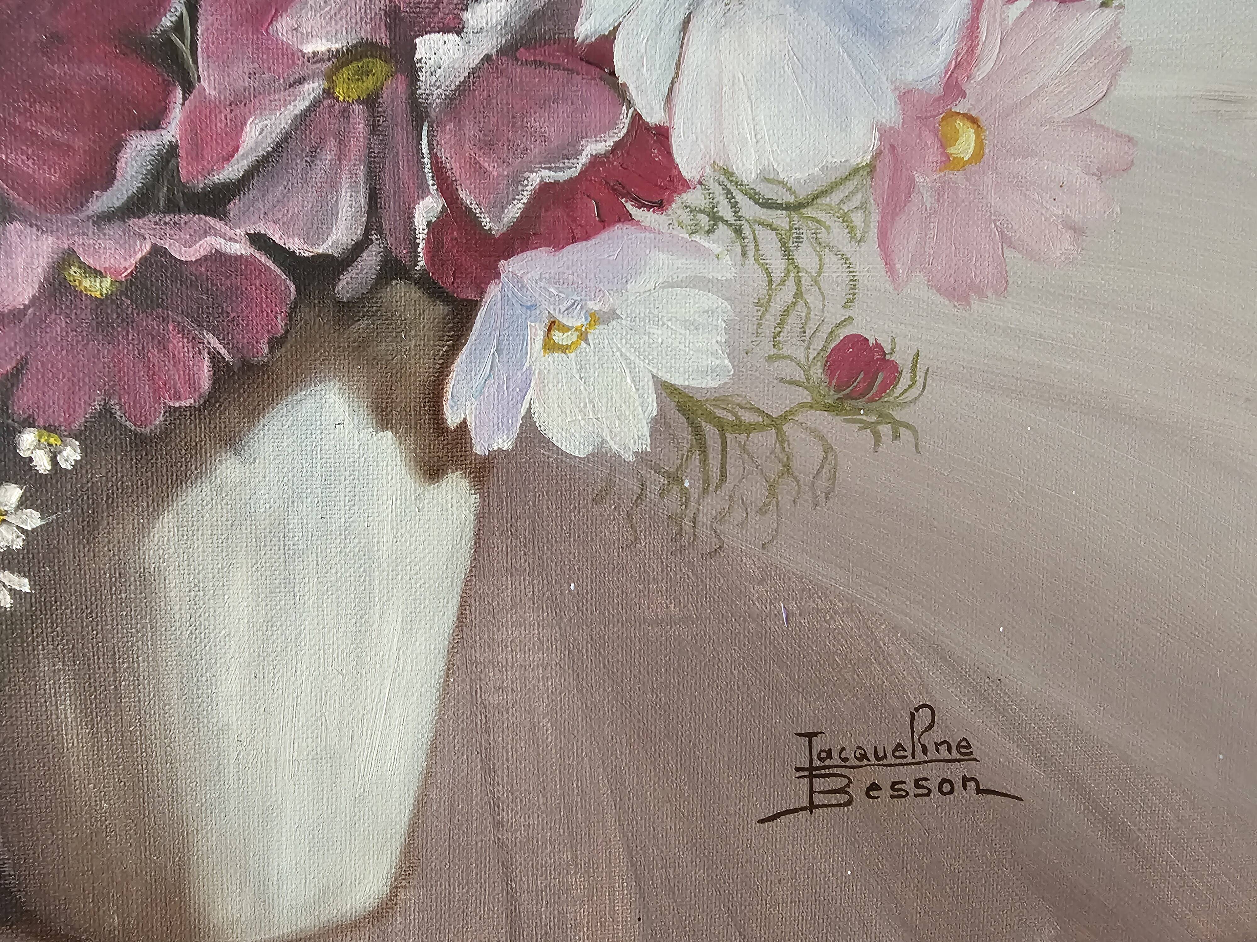 Oil on Canvas Still Life Flowers Cosmos Signed Jacqueline Besson