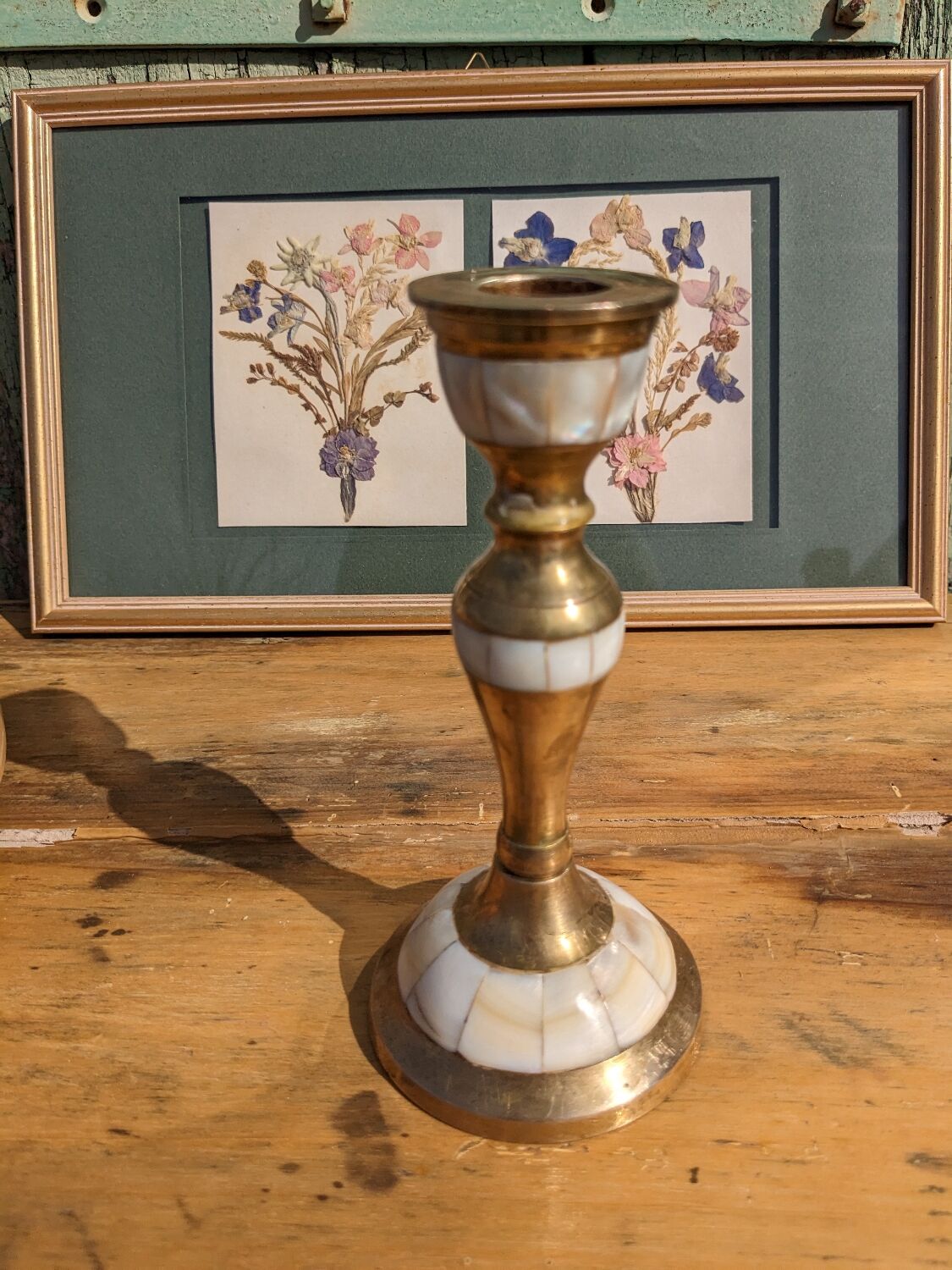 Brass and mother-of-pearl candle holder