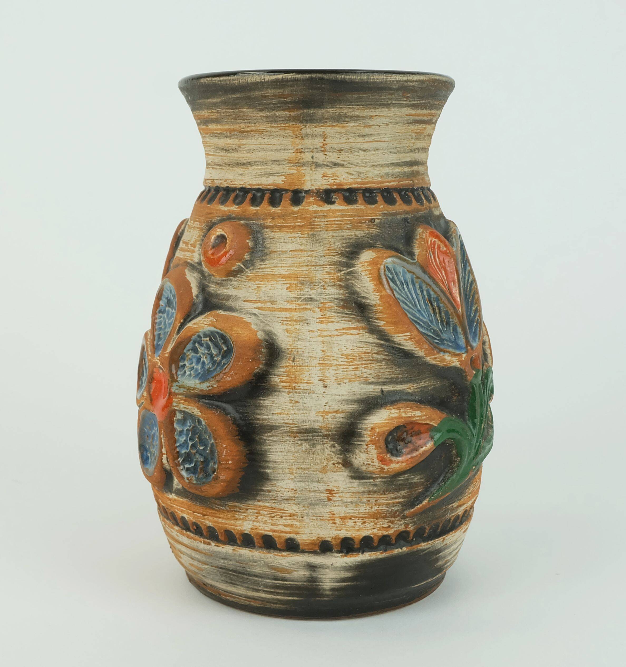 1960s bay ceramic vase multi-color relief flower decor model 94 17