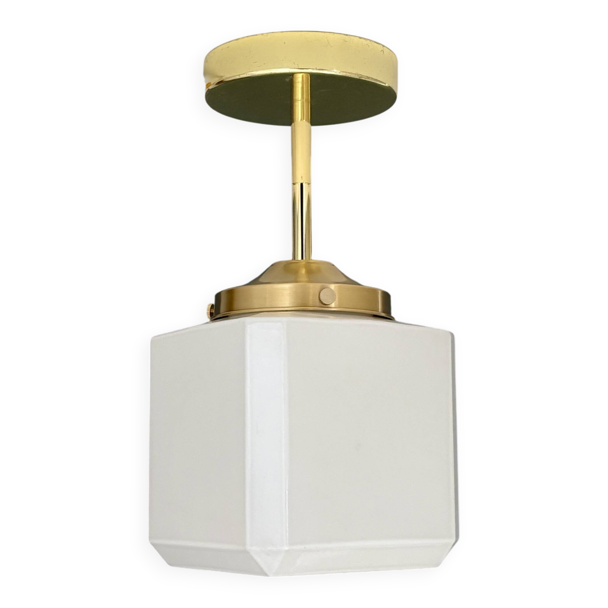 Suspension / plafonnier globe vintage carré en opaline blanche