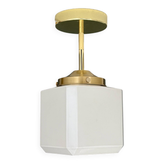 Suspension / plafonnier globe vintage carré en opaline blanche