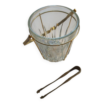 Seau à glaçons vintage 1970 verre et métal avec pince