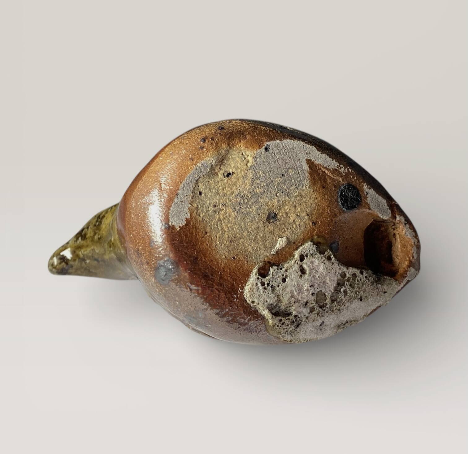 Ancient zoomorphic whistle of a partridge bird in glazed stoneware from La Borne.