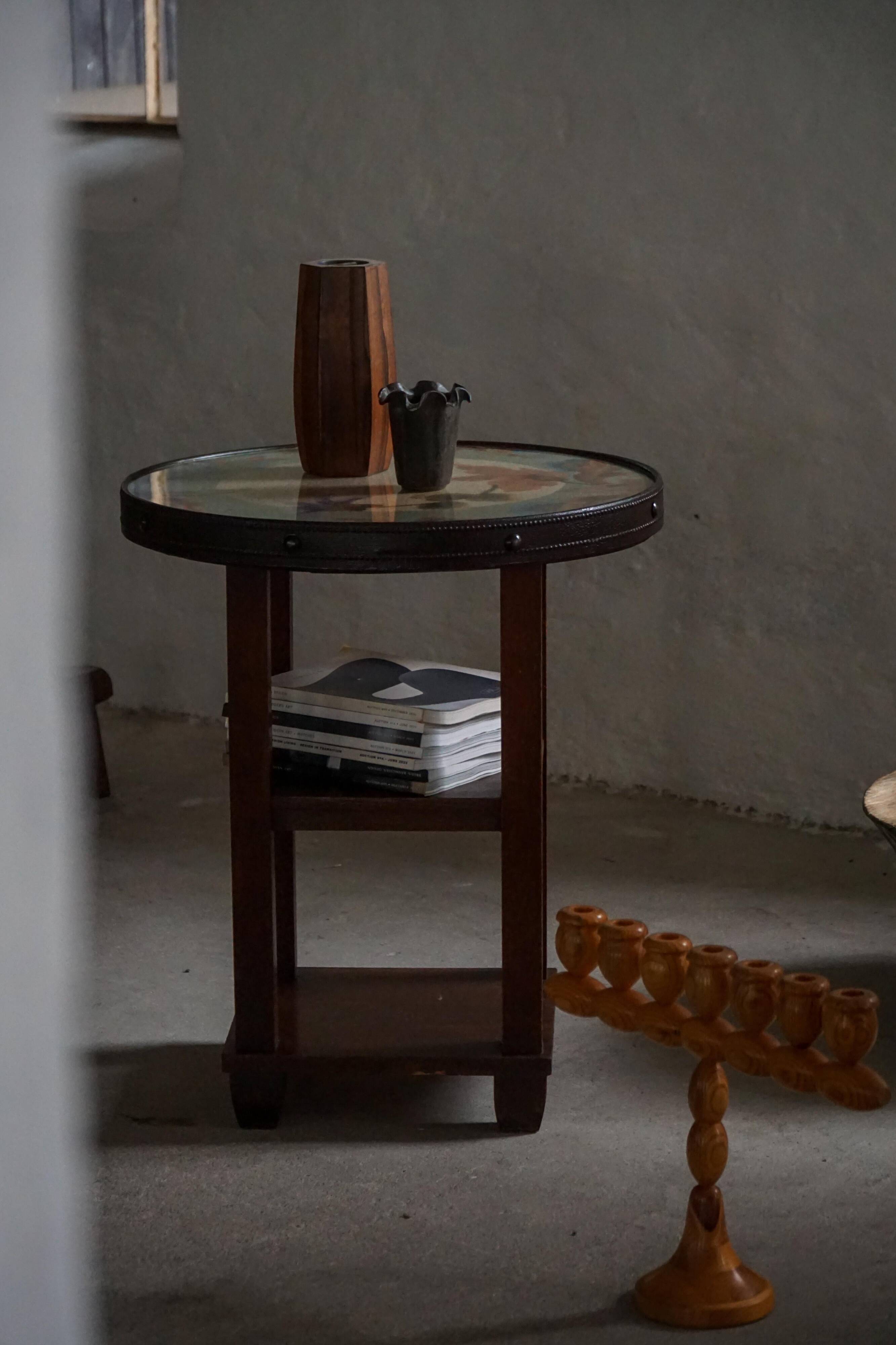 Art Nouveau, round side table with floral glass top, Danish cabinetmaker, 1920s