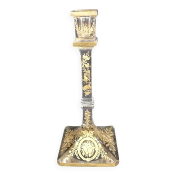 Bougeoir ancien en verre gravé et doré