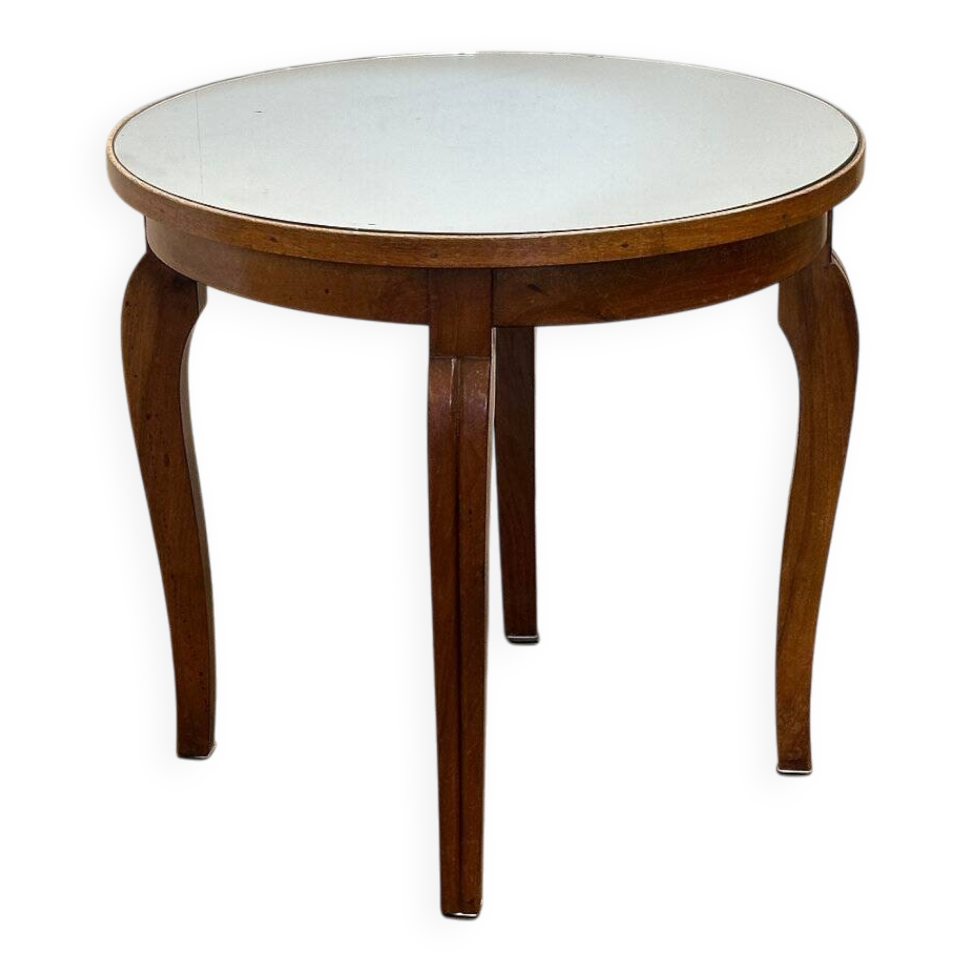 French Art Deco side table, 1930s vintage round wooden table with mirrored top