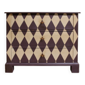 Pine chest of drawers from the 1940s with recent decorative paint.