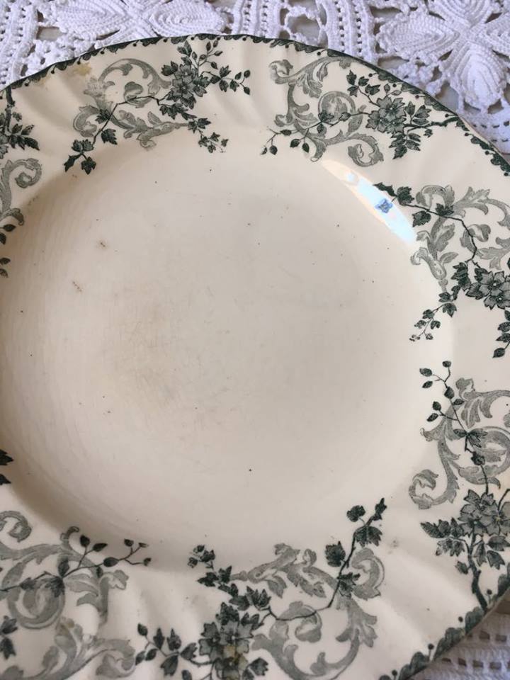 Six flowery old plates in green and blue