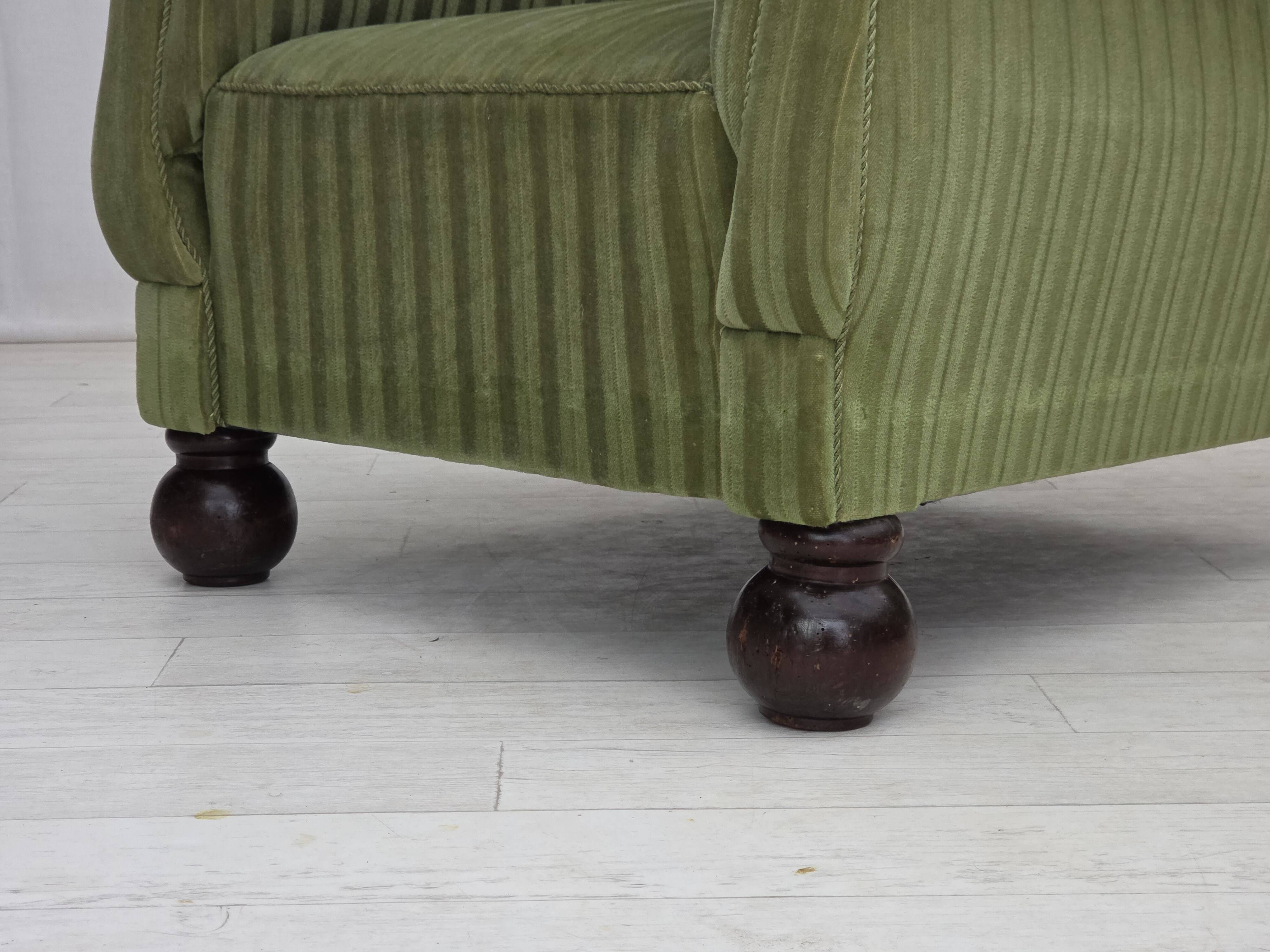 1950s, Danish relax armchair, green furniture velour fabric, ash wood legs.