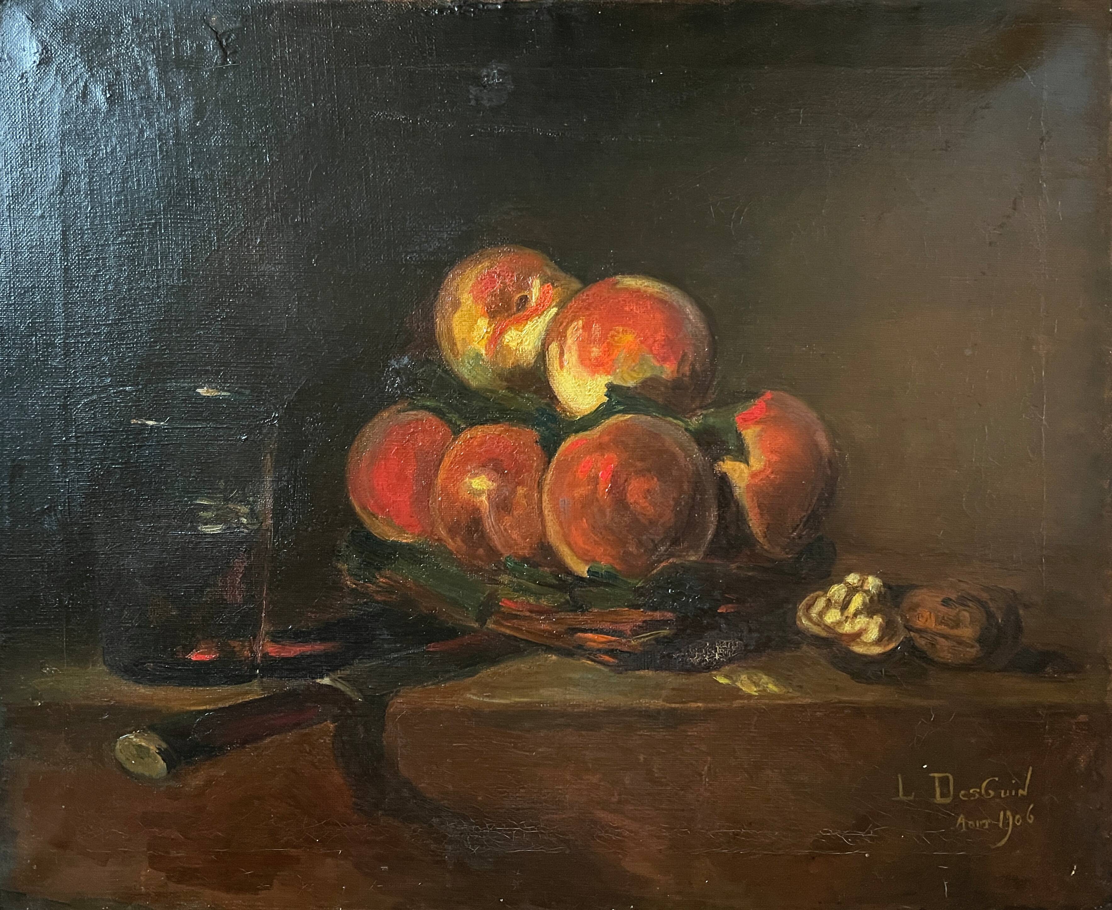 Tableau HST "Nature morte aux pêches" L. DesGuin 1907
