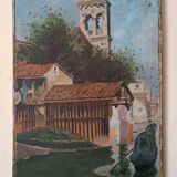 Tableau huile sur toile, vue ancienne de la ville, fin 19ème siècle