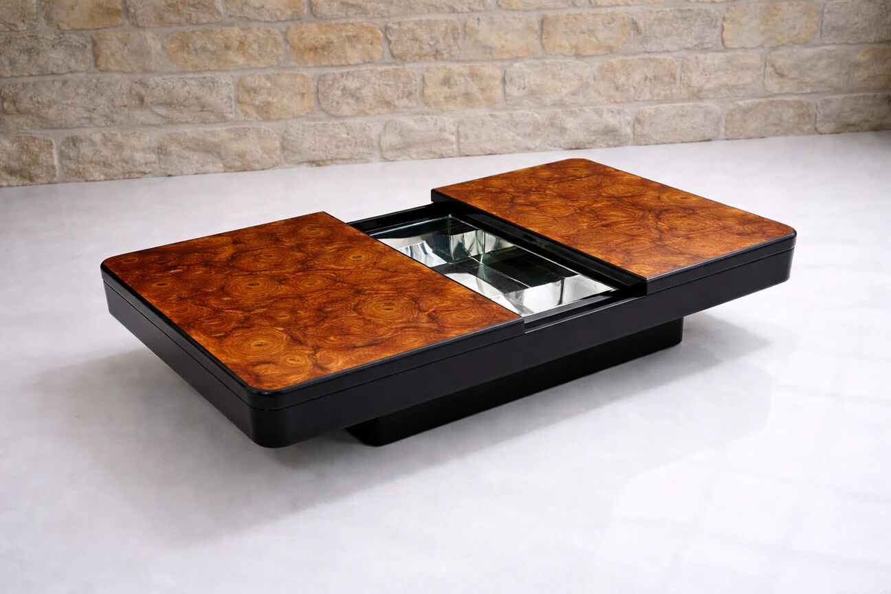1970s bar coffee table by Willy Rizzo, elm burl.