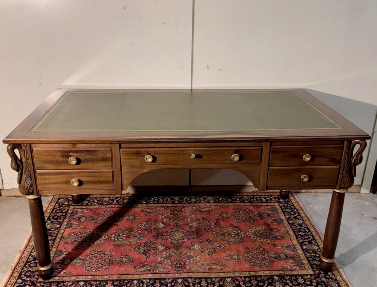 Empire-style minister's desk with swan necks in mahogany.
