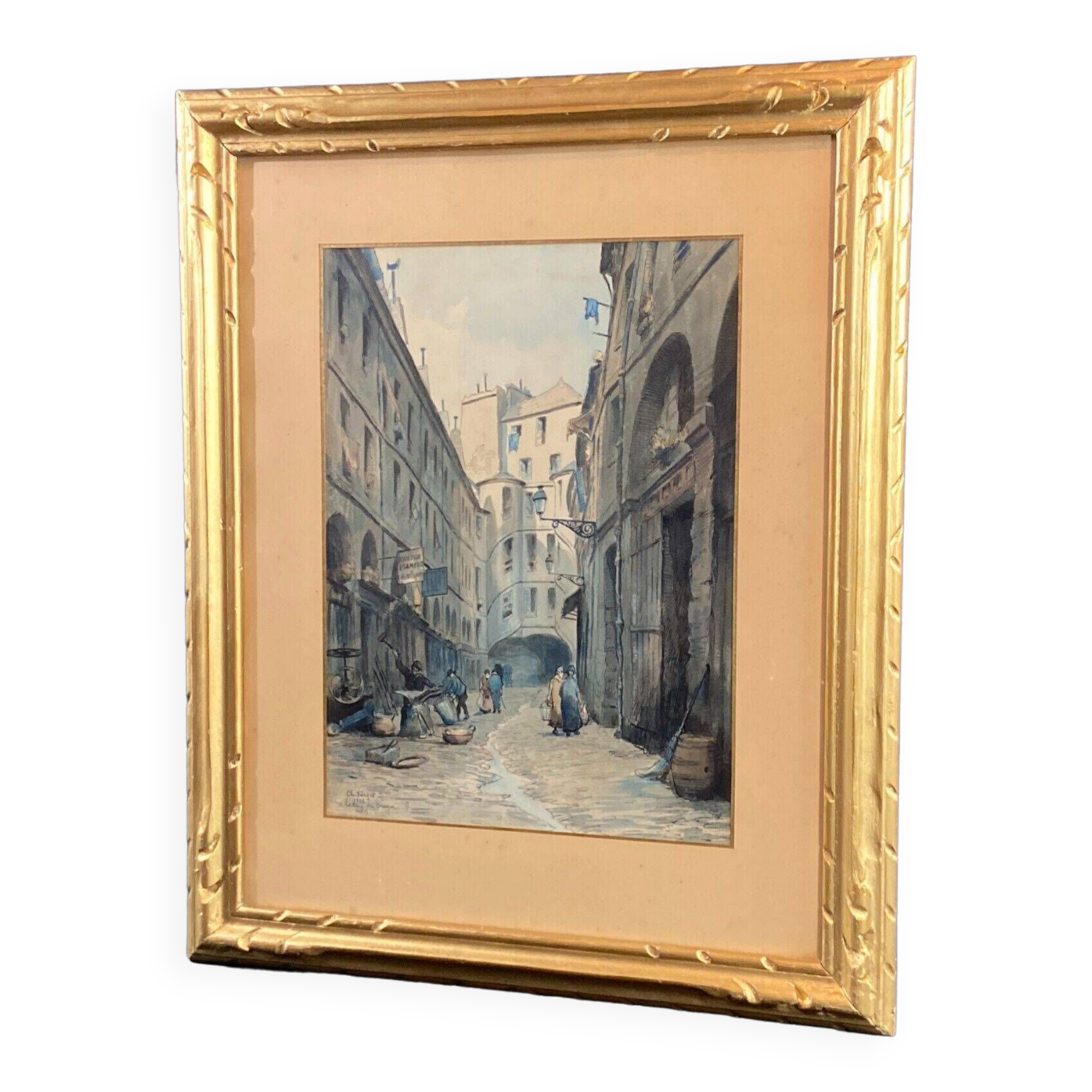 Aquarelle signée Charles Forget (1886-1960) La cour du dragon 1925 Paris VIème