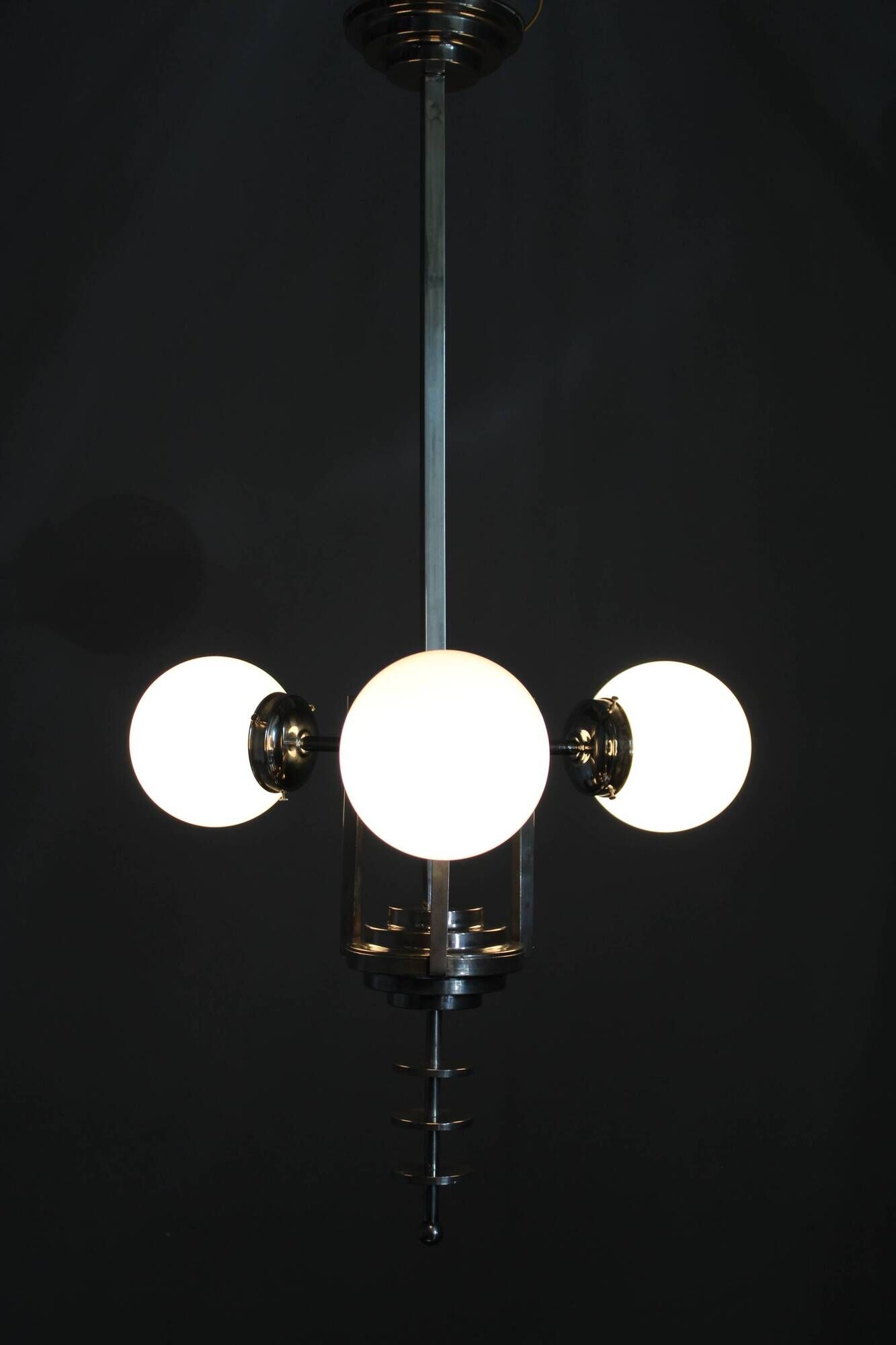 Czechoslovak Art Deco nickel chandelier with three opaline glass globes