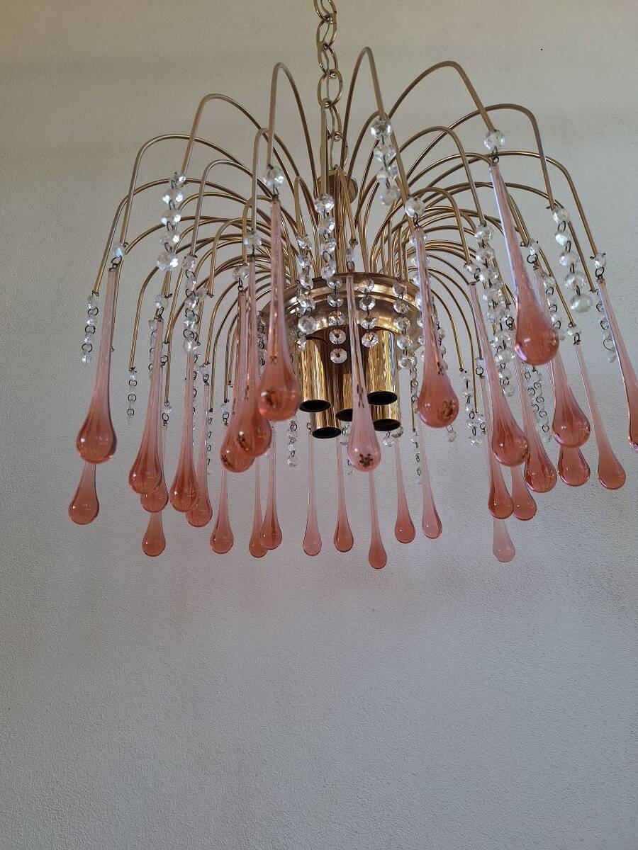 Lustre en cascade de grande taille en verre de Murano rose