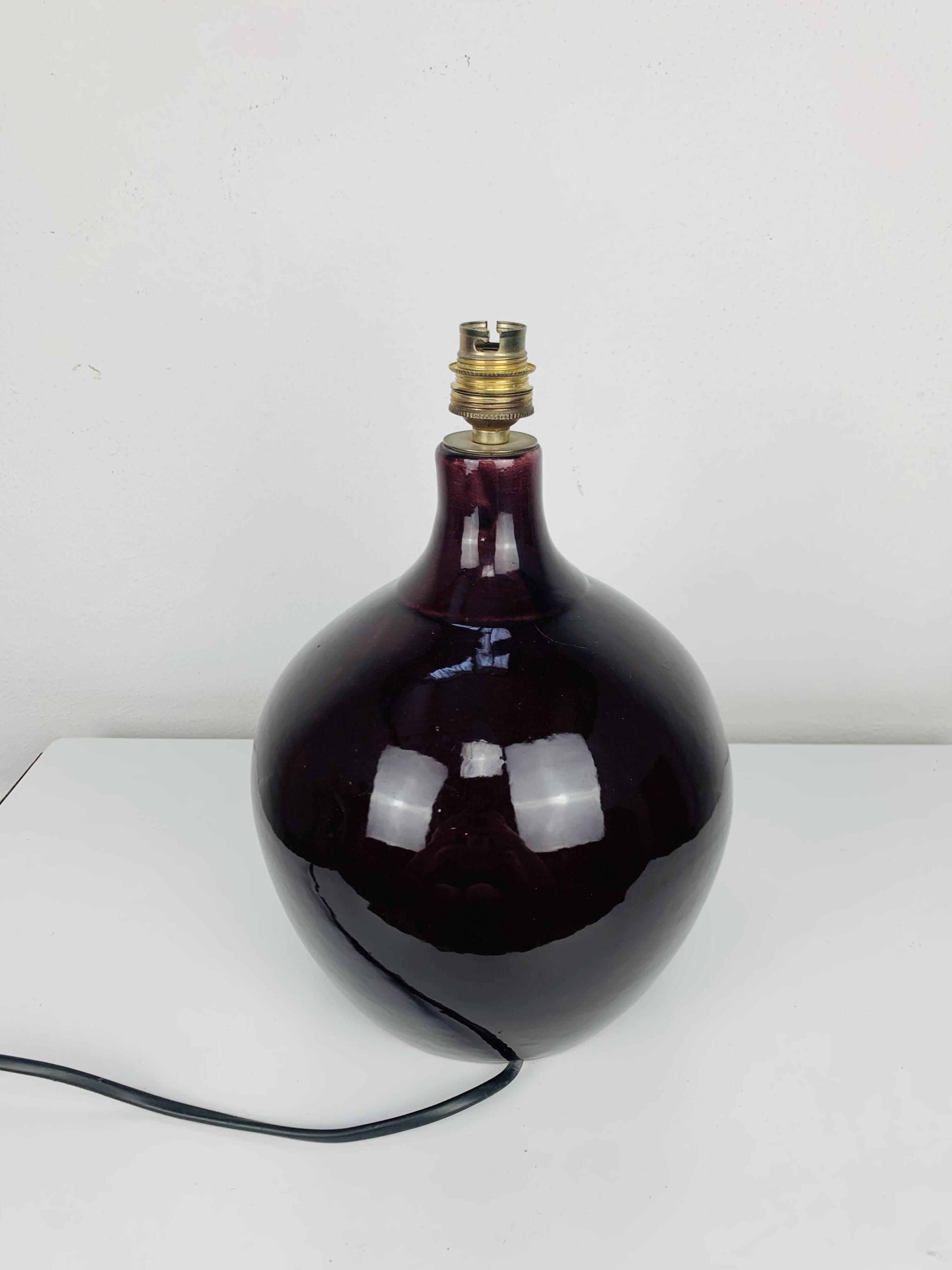 Purple ceramic ball lamp 55 cm from the 60s, silk lampshade