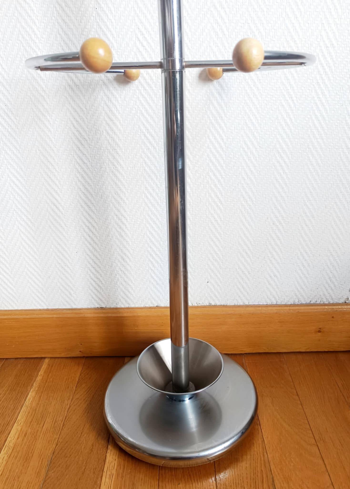 Space Age chrome and wood coat rack 1970