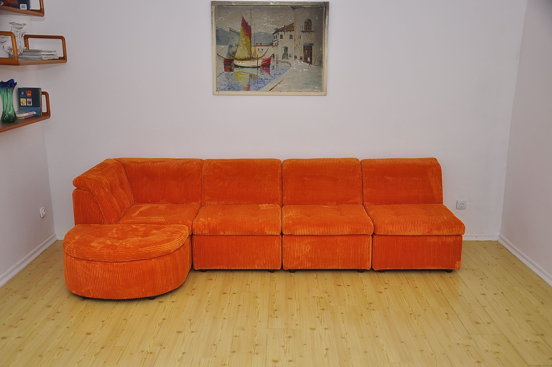 Orange corduroy modular sofa, 70s