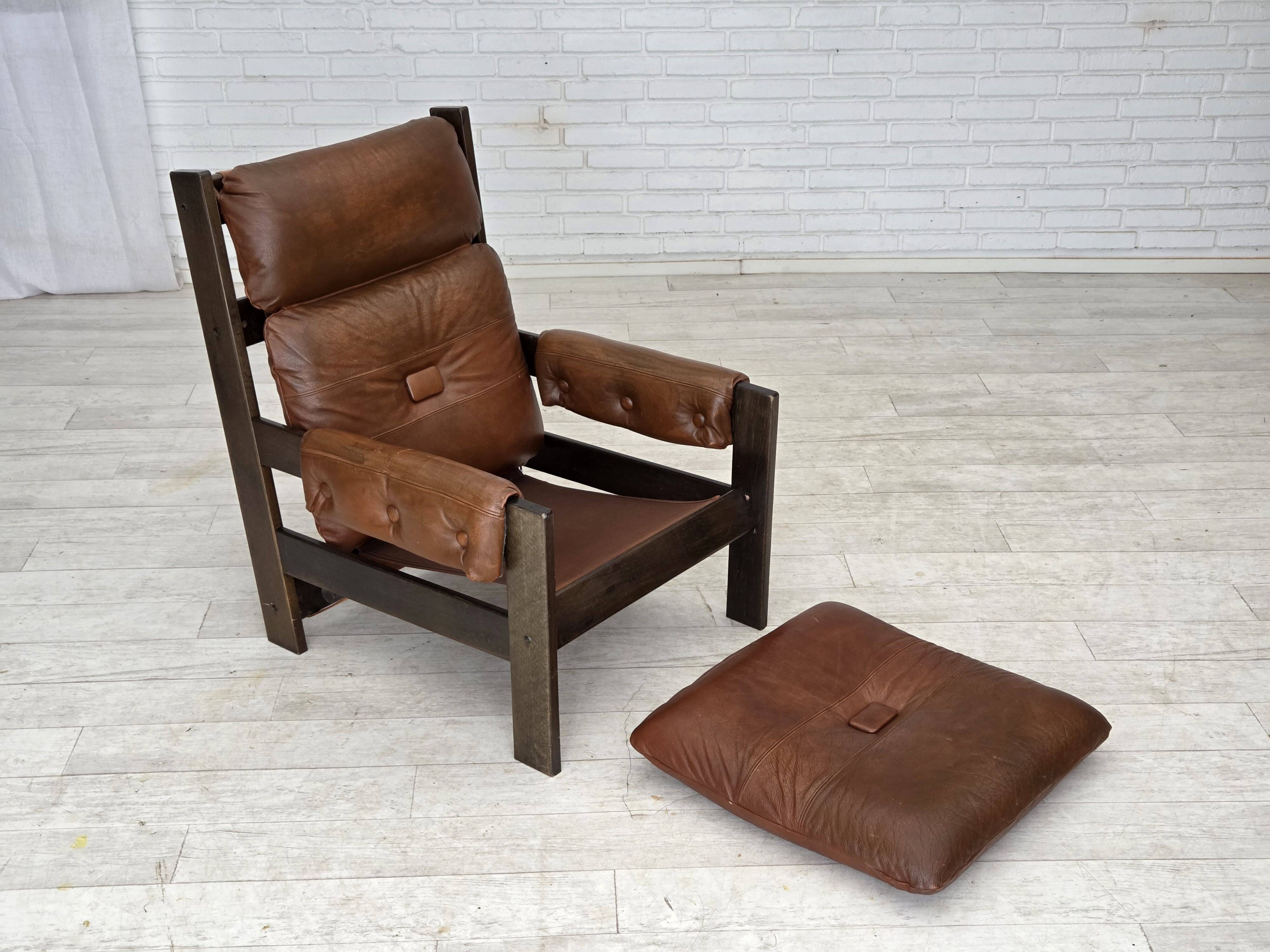 1970s, Scandinavian armchair, furniture leather, canvas, oak wood.