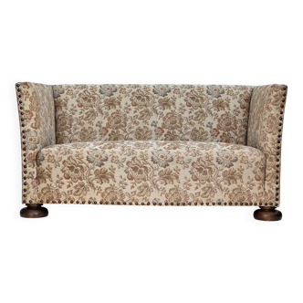 1950s, Danish 2-seater sofa, beige/ brown furniture fabric, oak wood.