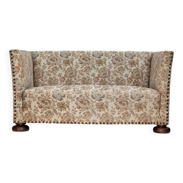Canapé 2 places danois des années 1950, tissu en beige/marron, bois de chêne.